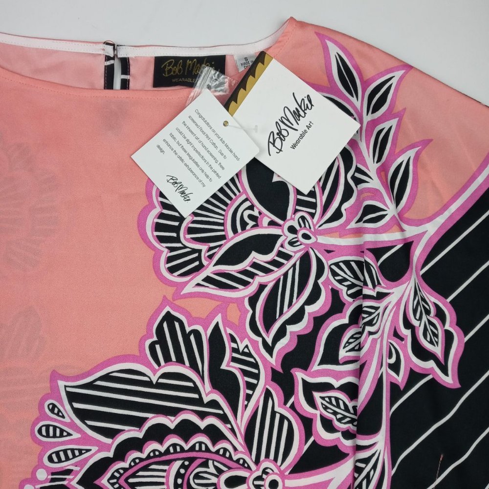 Women's Bob Mackie Wearable Art Floral Print Pink/Black/Peach Caftan Top Size Sm - Picture 2 of 7
